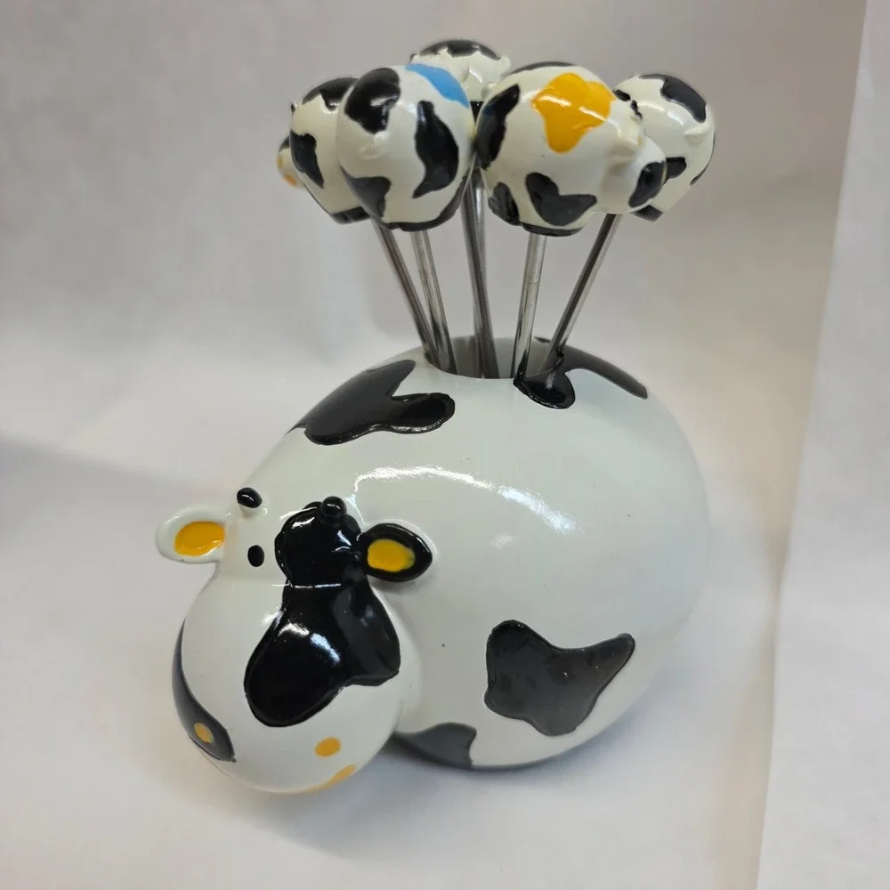 READA Boska Cow Party Pick Set White Black Ceramic Cheese Appetizer Tools 7pc